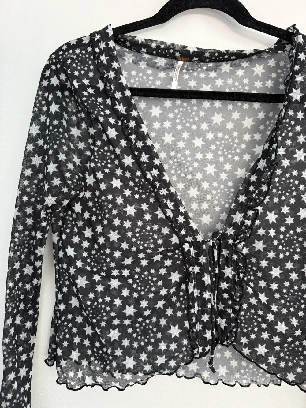 Free People Black Sheer Star-Print Tie-Front Top